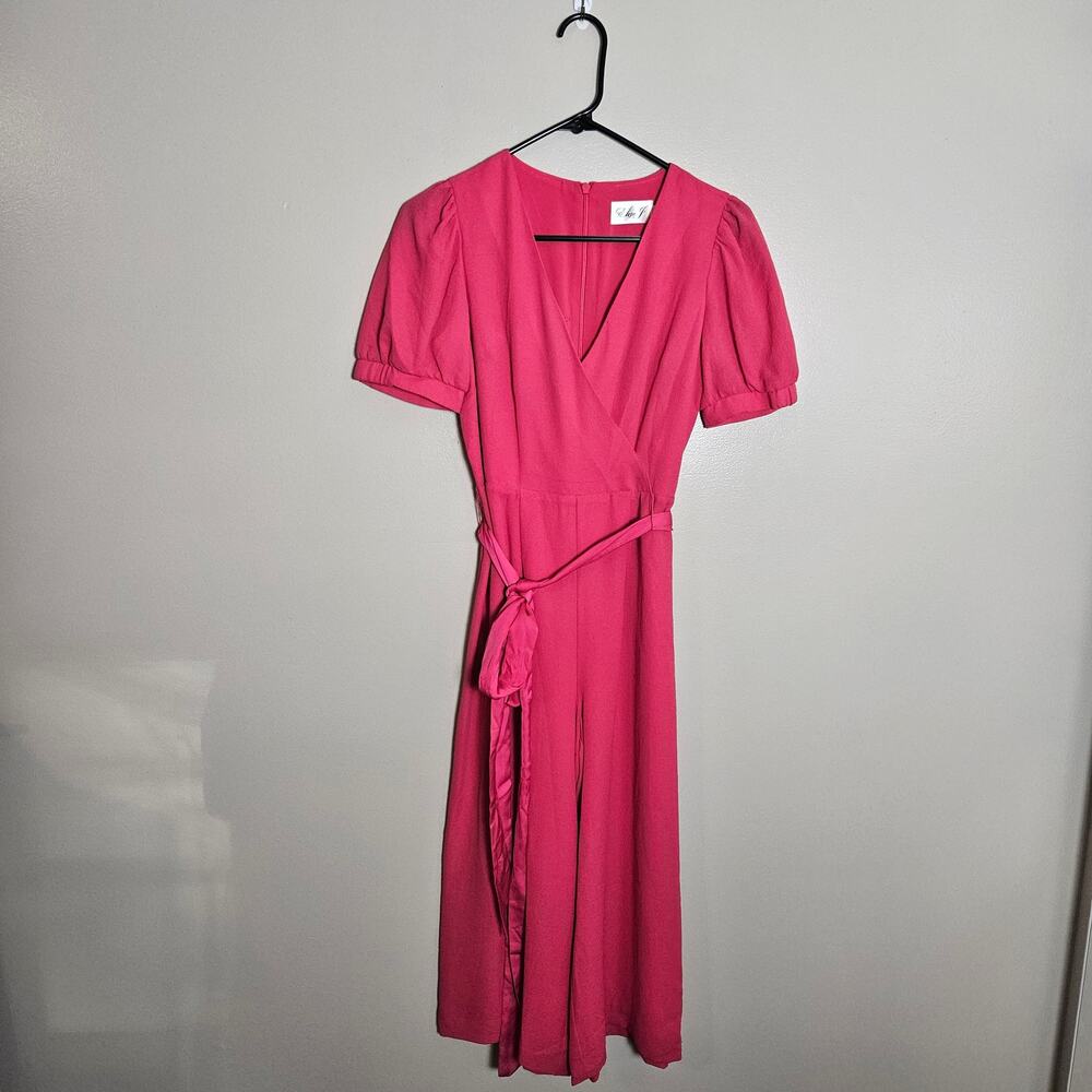 NWOT Eliza J Jumpsuit Hot Pink Faux Wrap Crop Wide Leg Sz 2 - Picture 2 of 16